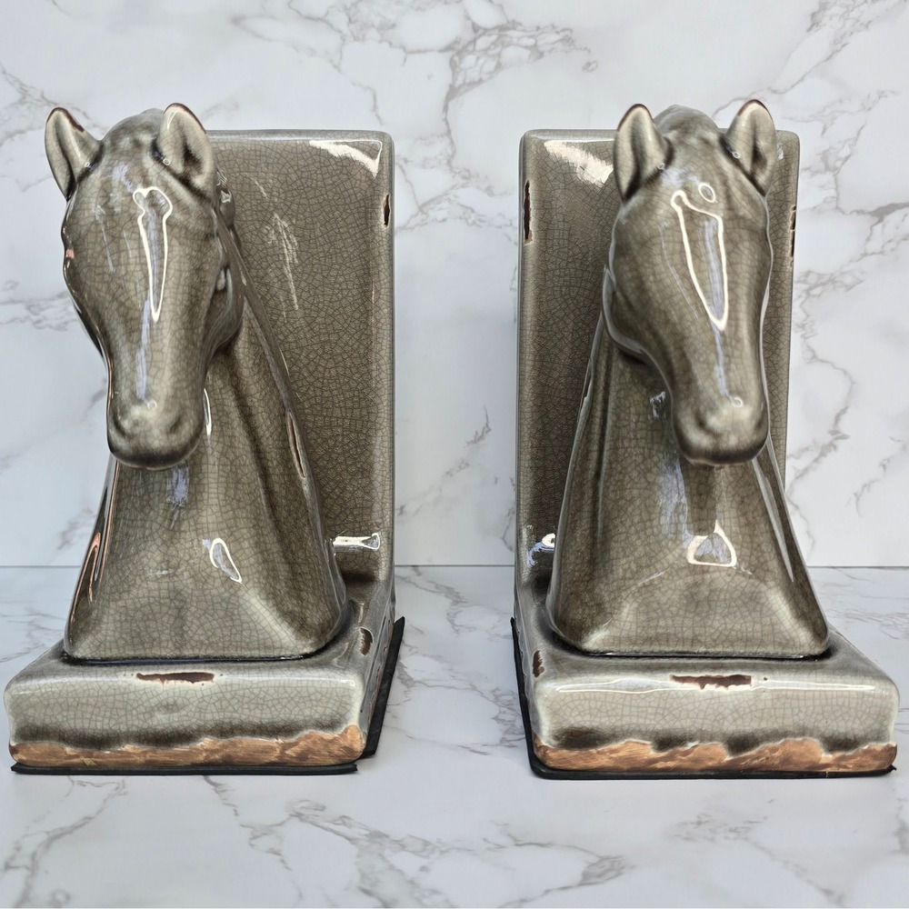 Vintage MCM Ceramic Horse Head Bookends Crackle Glaze Equestrian Decor Set - Picture 5 of 15